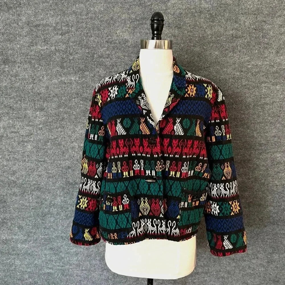 Vintage Artes Guatemattecas Jacket Womens Medium Cropped Hand Woven Wearable Art